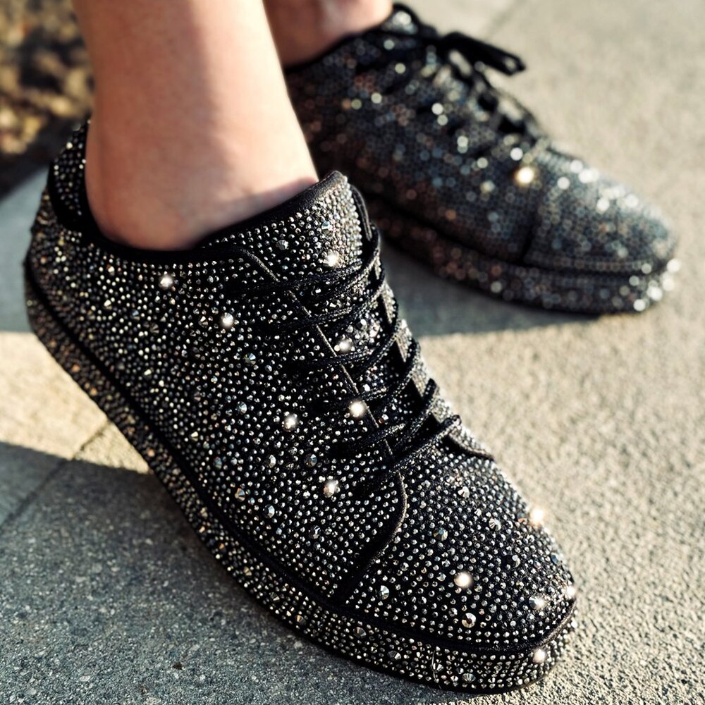 NEW🔥 Black Pewter Rhinestone Crystal Embellished Lace-Up Sneakers Flat Platform